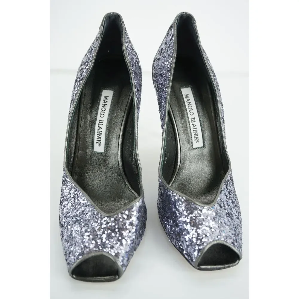 Manolo Blahnik Glitter Fatducabo Peep Toe Heels Pumps Size 37.5